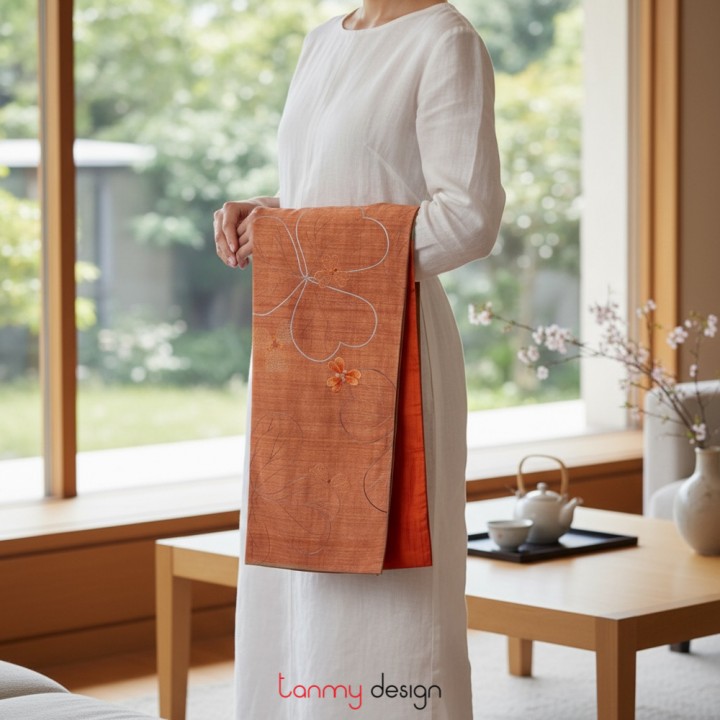 Orange silk scarf hand-embroidered with royal poinciana flowers 38*200 cm